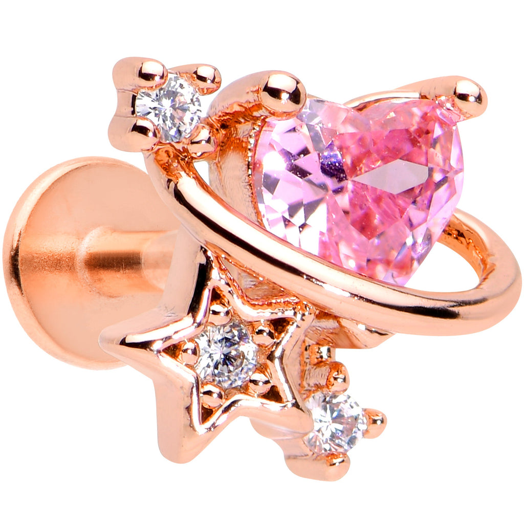 16G 5/16 Pink Gem Rose Gold Hue Star Heart Labret Monroe Tragus