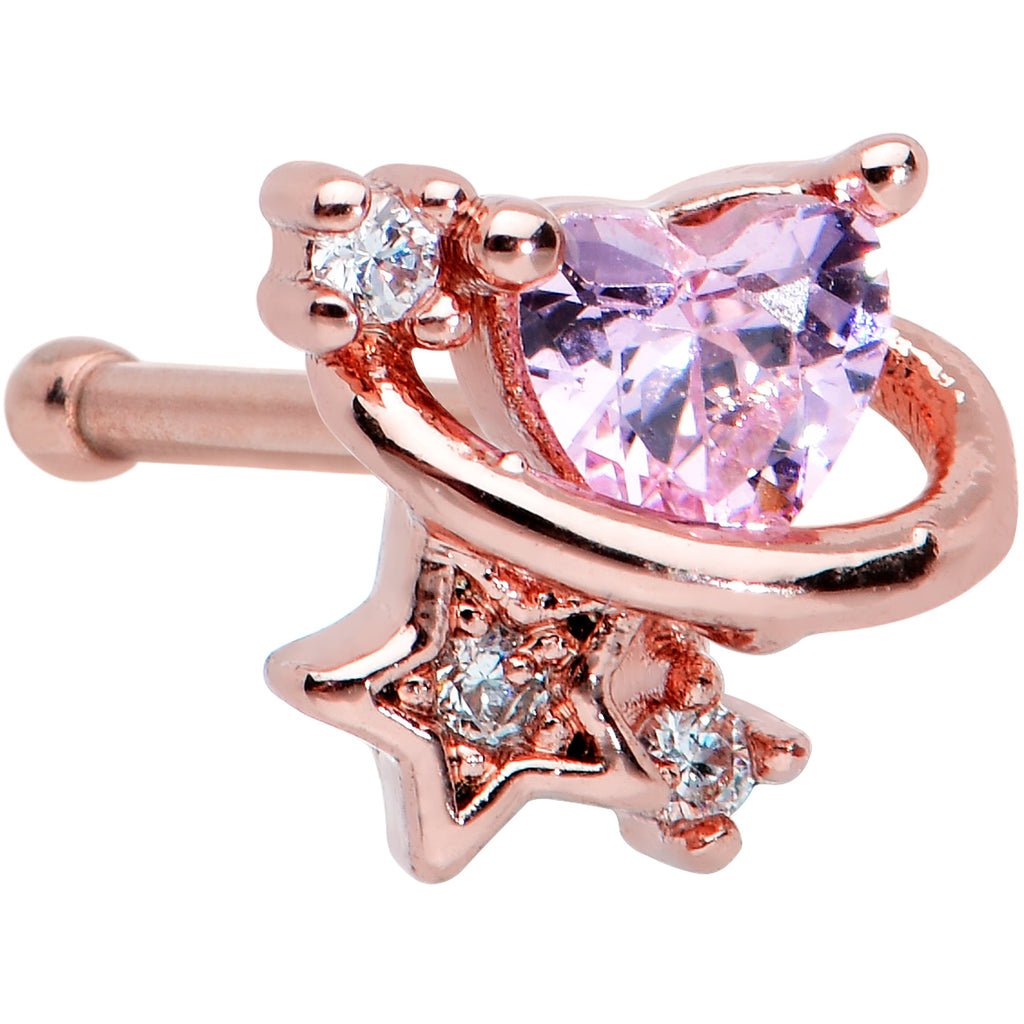 20G 1/4 Clear Pink Gem Rose Gold Tone Heart Star Nose Bone