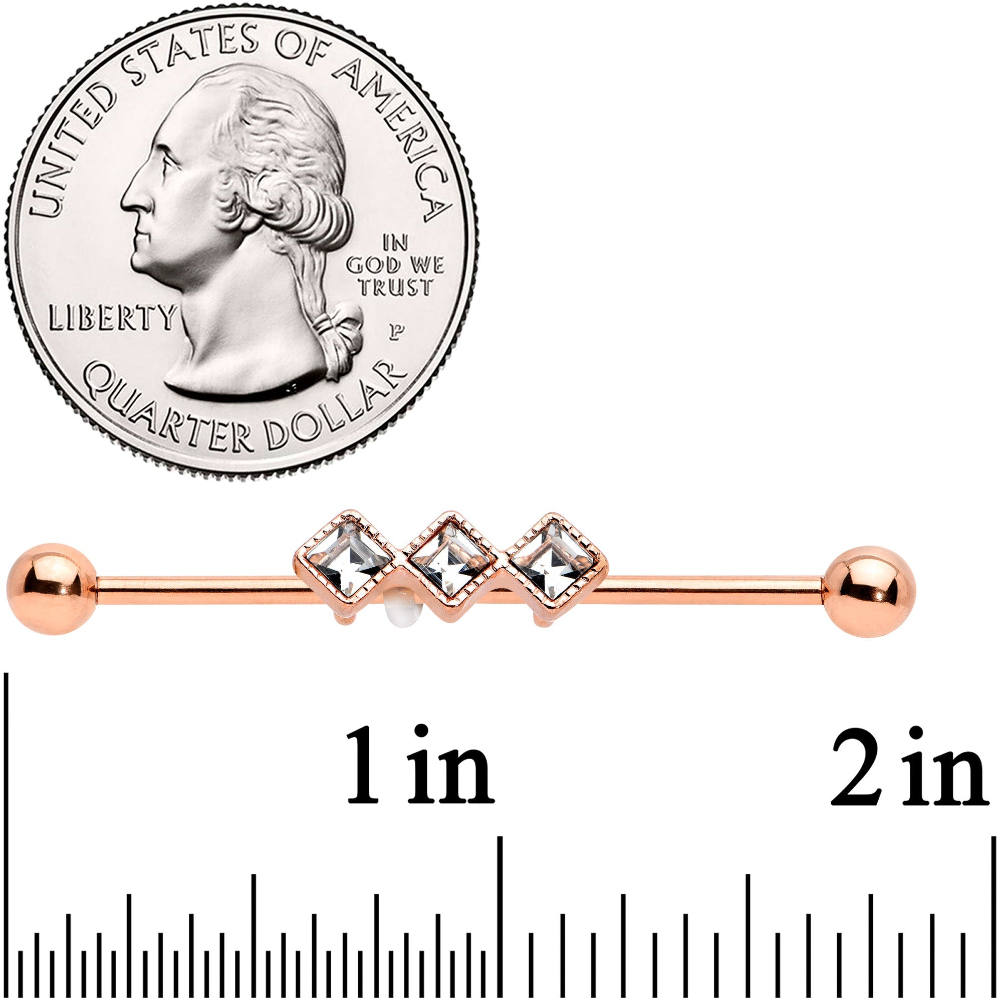 14G Clear Gem Rose Gold Hue Triple Rhombus Industrial Barbell 38mm