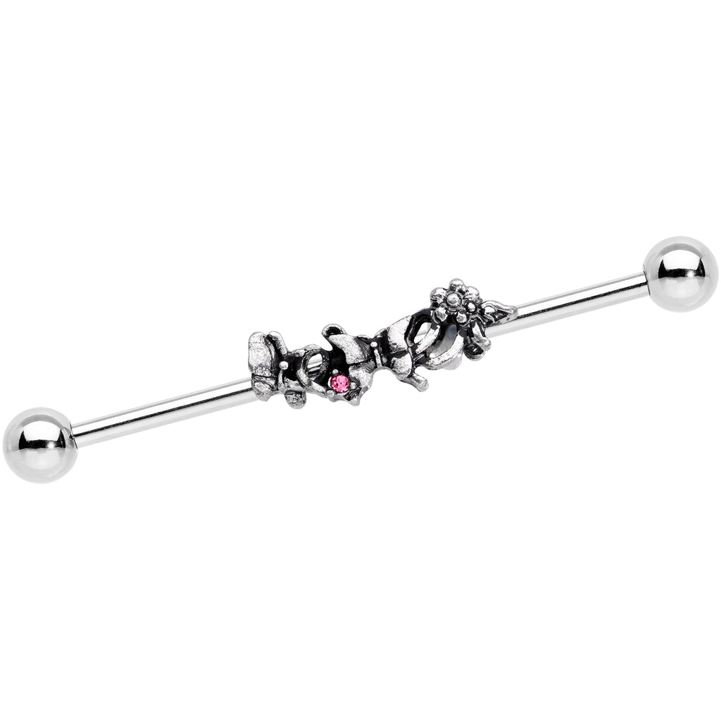 14G Pink Gem Butterfly Array Flower Industrial Barbell 38mm