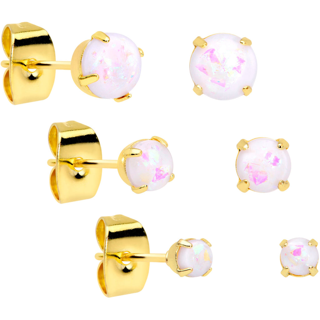 20G White Faux Opal Gold Tone 3mm to 5mm Stud Earrings Set of 3
