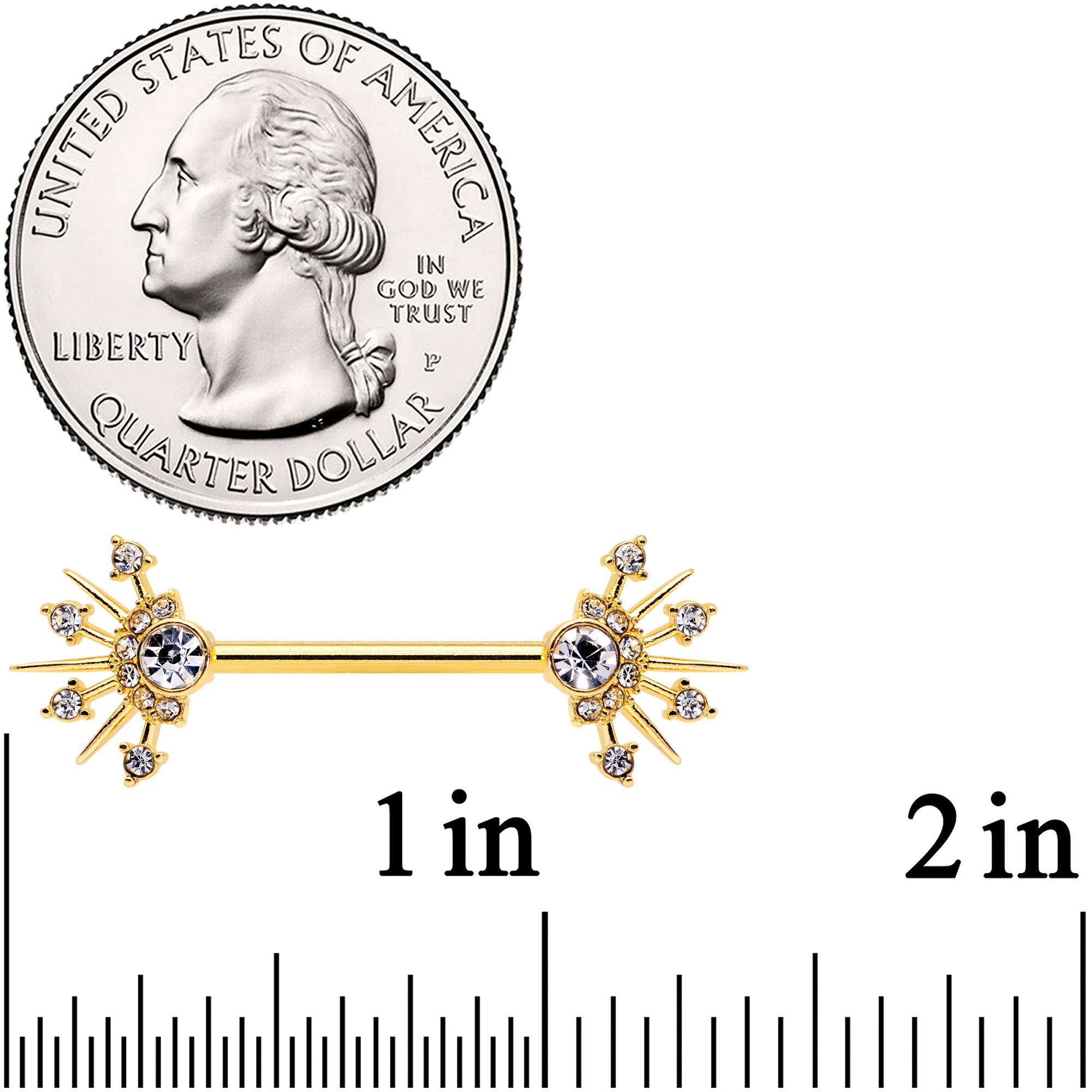 14G 5/8 Clear CZ Gem Gold Hue Elegant Crest Barbell Nipple Ring Set