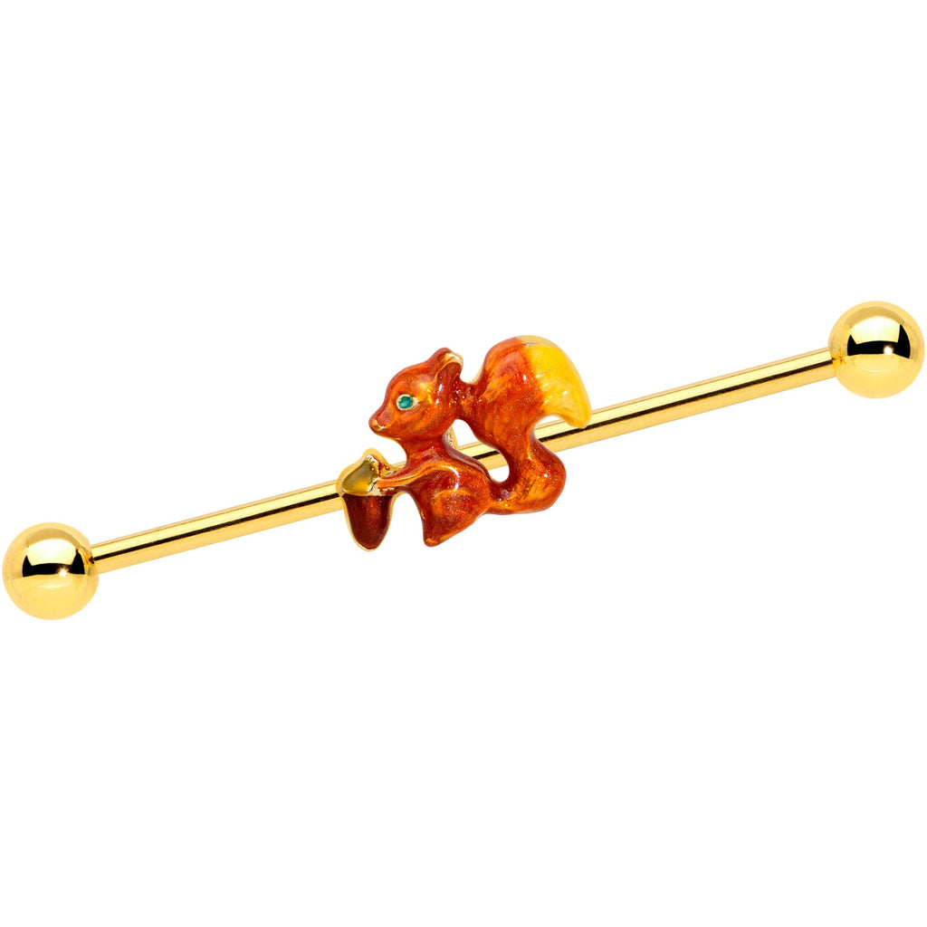 14G Gold Tone Brown Happy Squirrel Acorn Industrial Barbell 38mm
