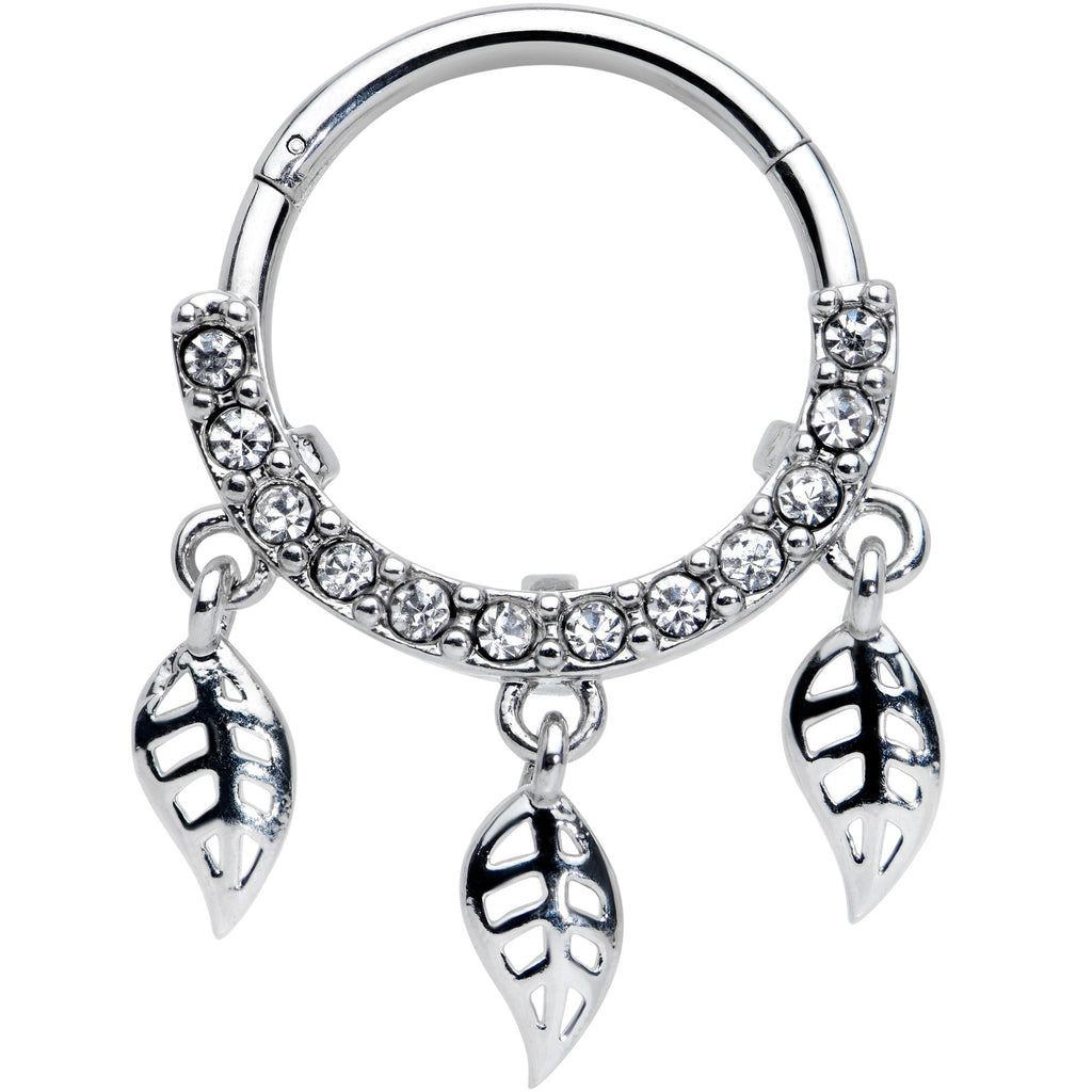 16G 3/8 Clear Gem Open Leaf Dangle Hinged Segment Ring