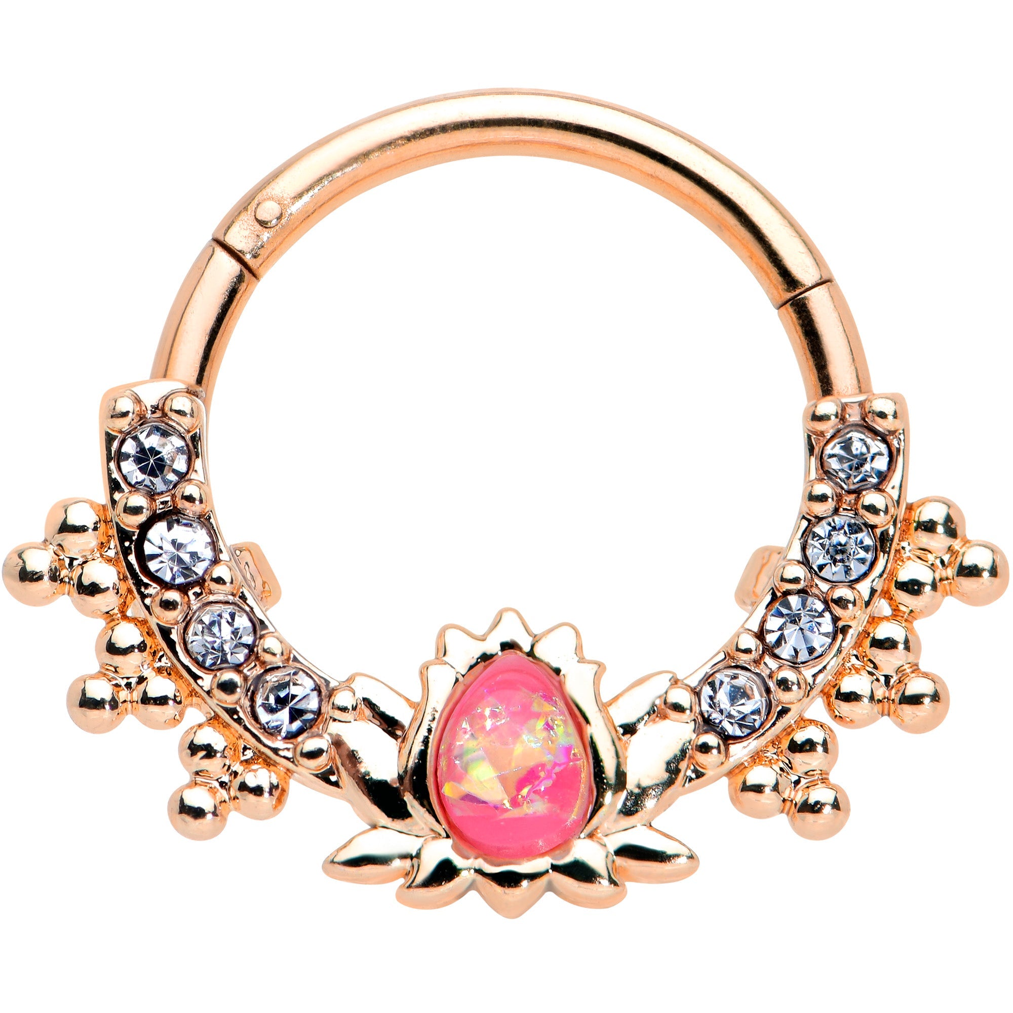 16G 3/8 Pink Faux Opal Rose Gold Hue Lotus Hinged Segment Ring
