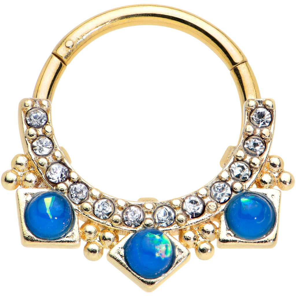 16G 3/8 Blue Faux Opal Gold Tone Squares Hinged Segment Ring