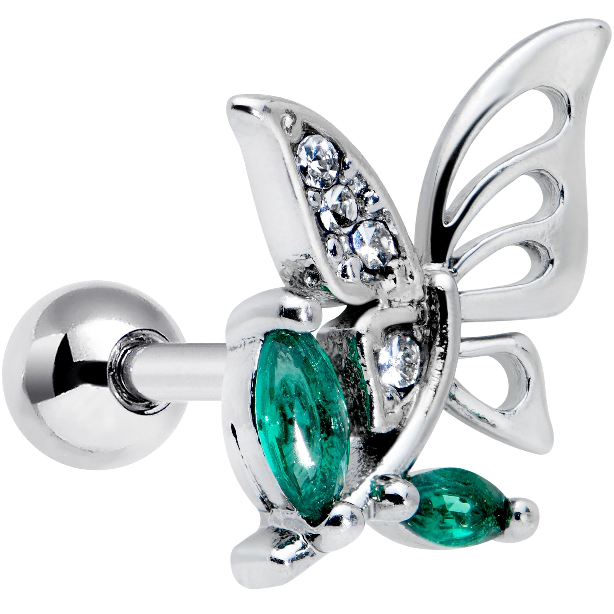 16G 1/4 Clear Green Gem Flora Butterfly Cartilage Tragus Earring