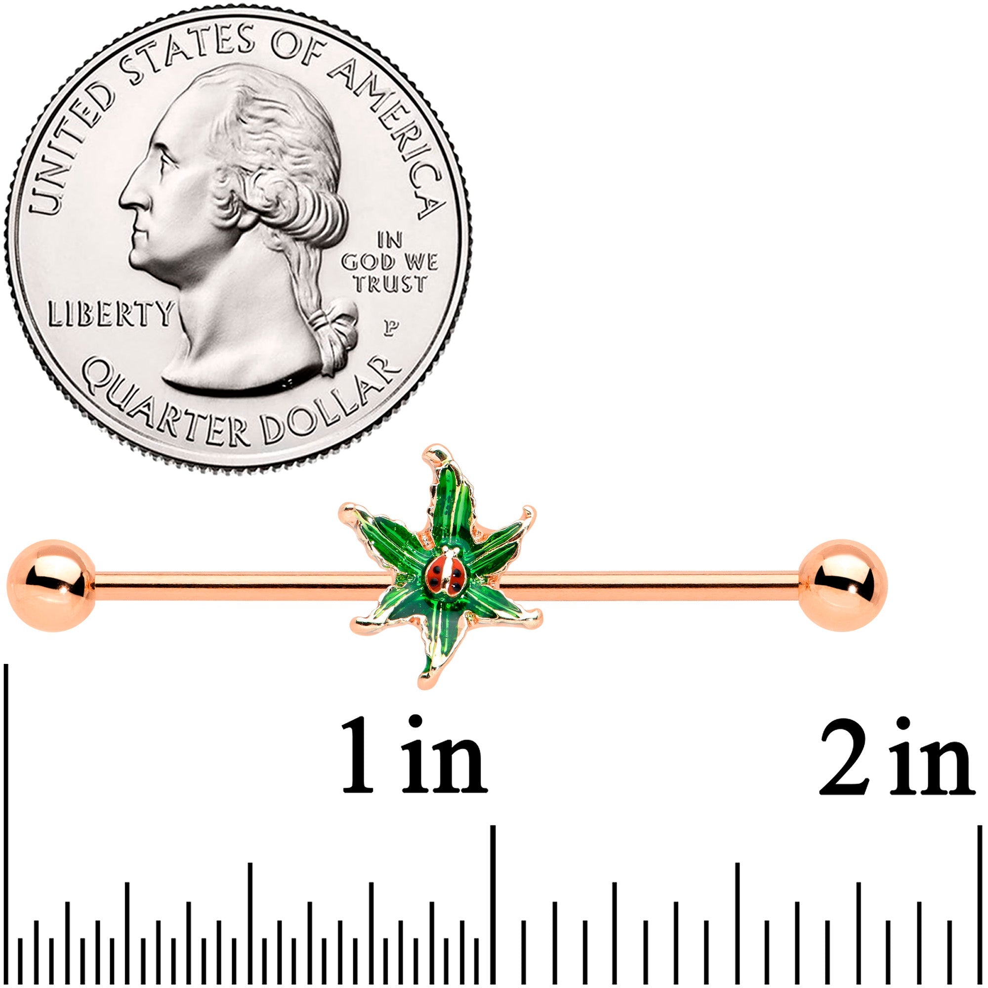 14G Rose Gold Tone Tiny Ladybug Leaves Industrial Barbell 38mm