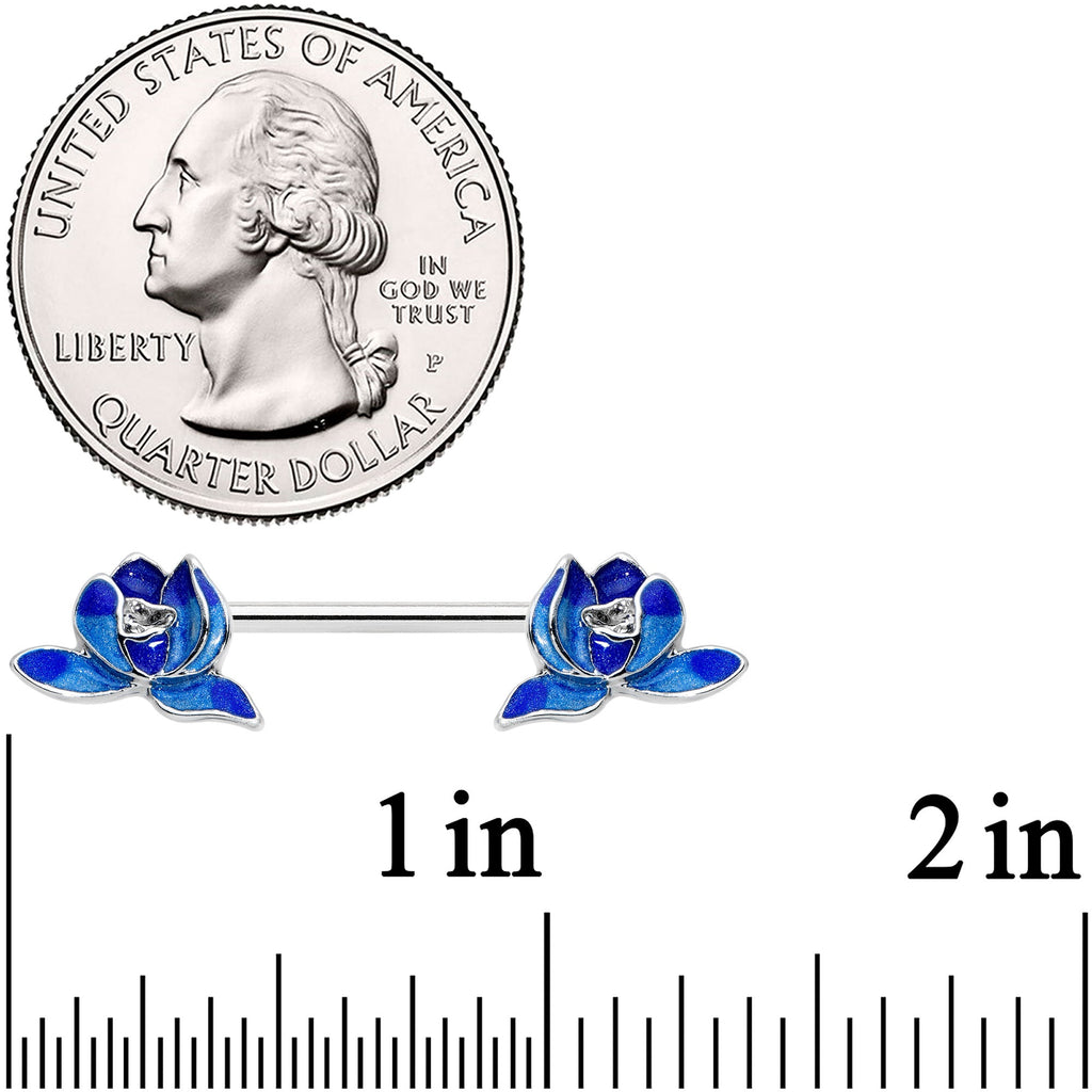 14G 9/16 Lovely Blue Lotus Flowers Barbell Nipple Ring Set