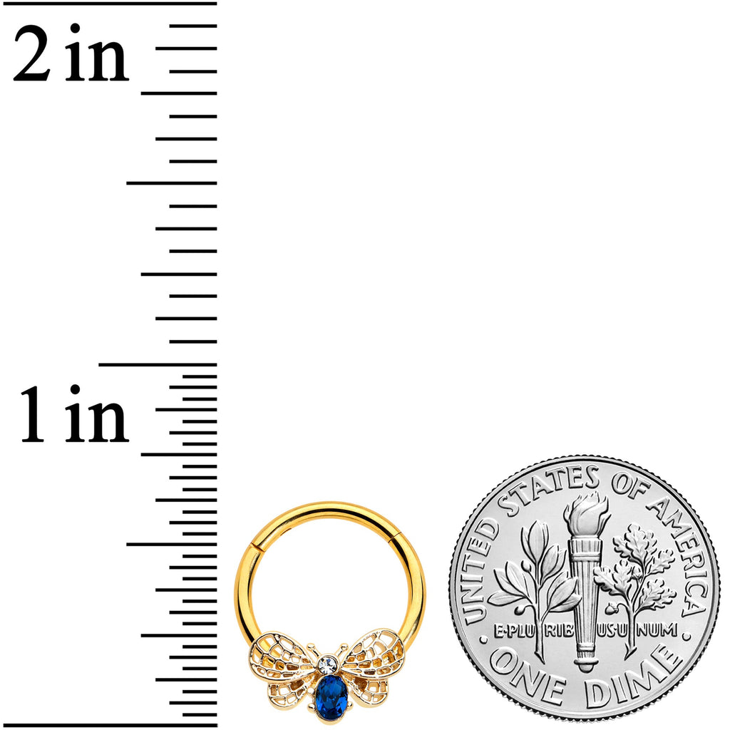 16G 3/8 Blue Gem Gold Tone Beautiful Bee Hinged Segment Ring