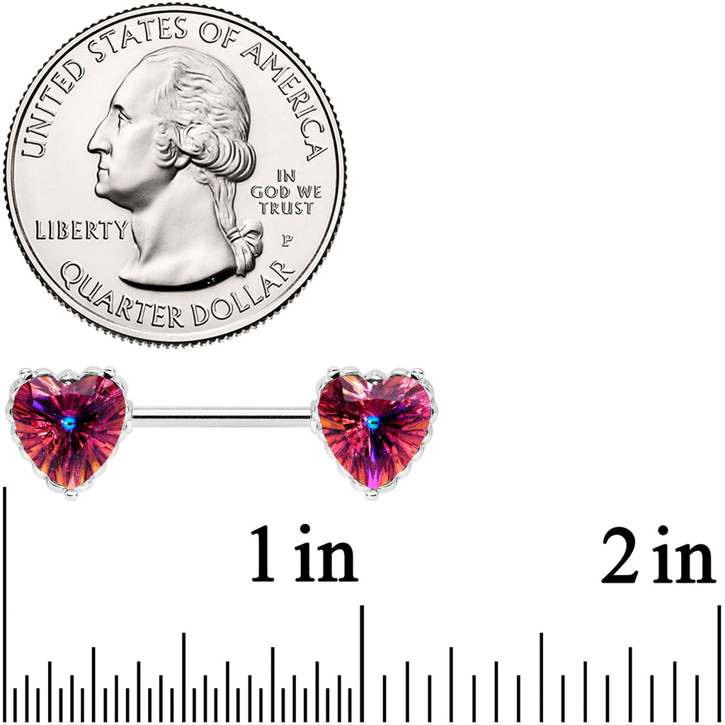 14G 9/16 Red CZ Gem Heart Love Valentine Barbell Nipple Ring Set