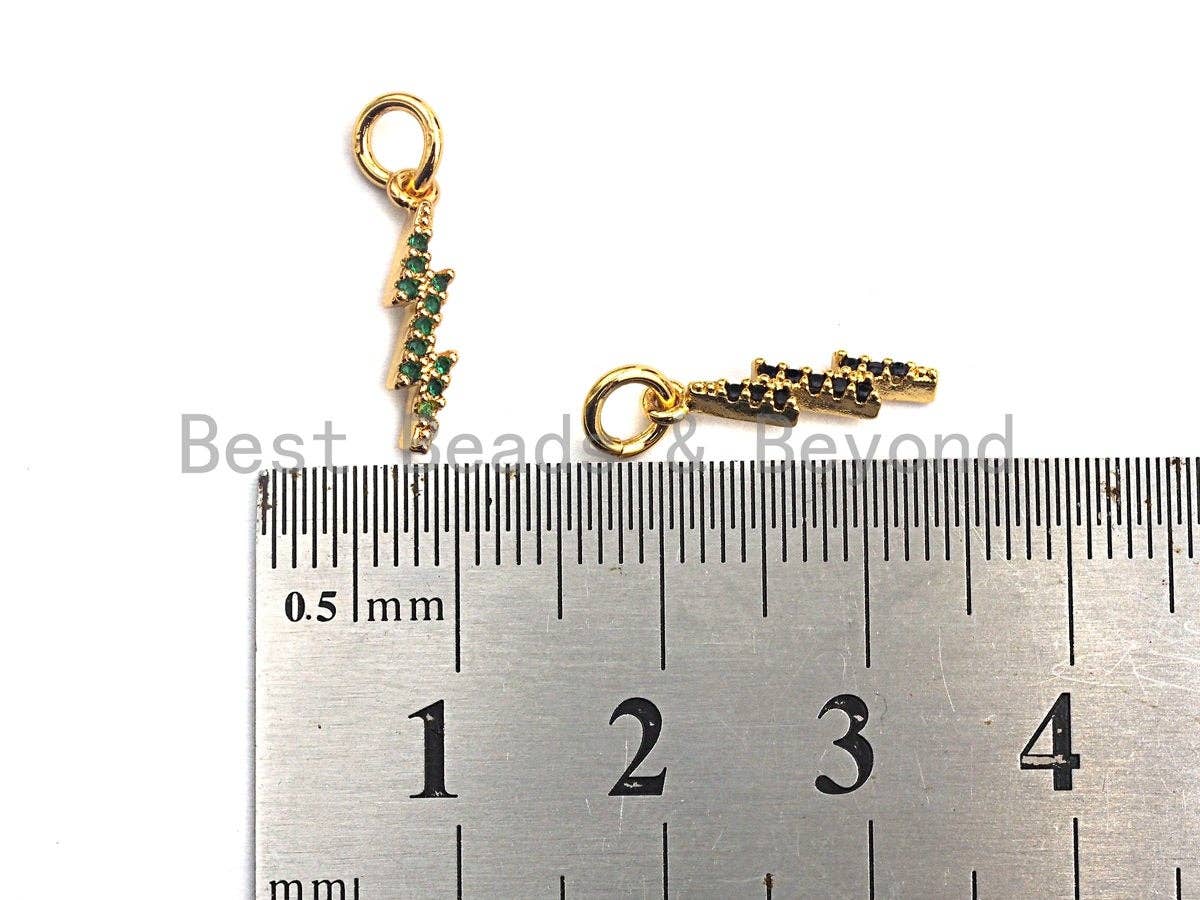 CZ Colorful Pave Thunder Lightning Bolt Charm/Pendant, Green/Black CZ Thunder Shaped Pave Pendant, Gold plated, 4x15mm, Sku#Z418