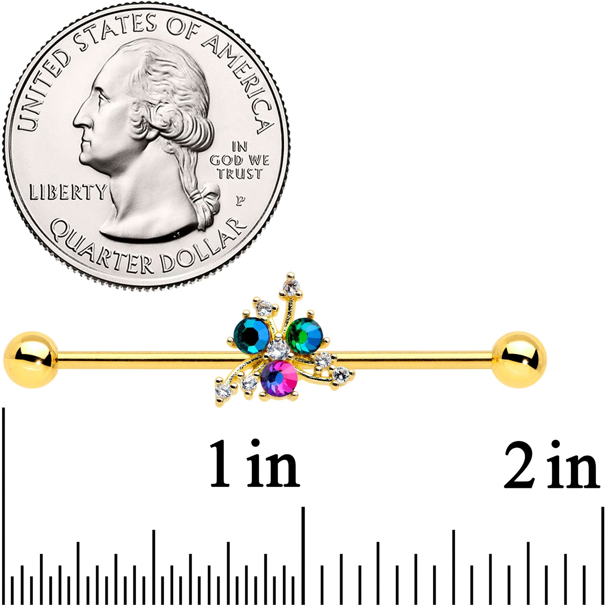 14G Purple Tourmaline Gold Tone Spray Industrial Barbell 38mm