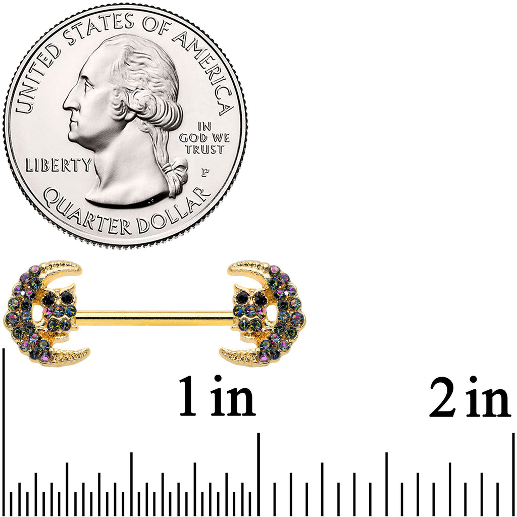 14G 5/8 Aurora Gem Gold Tone Owl Moon Barbell Nipple Ring Set
