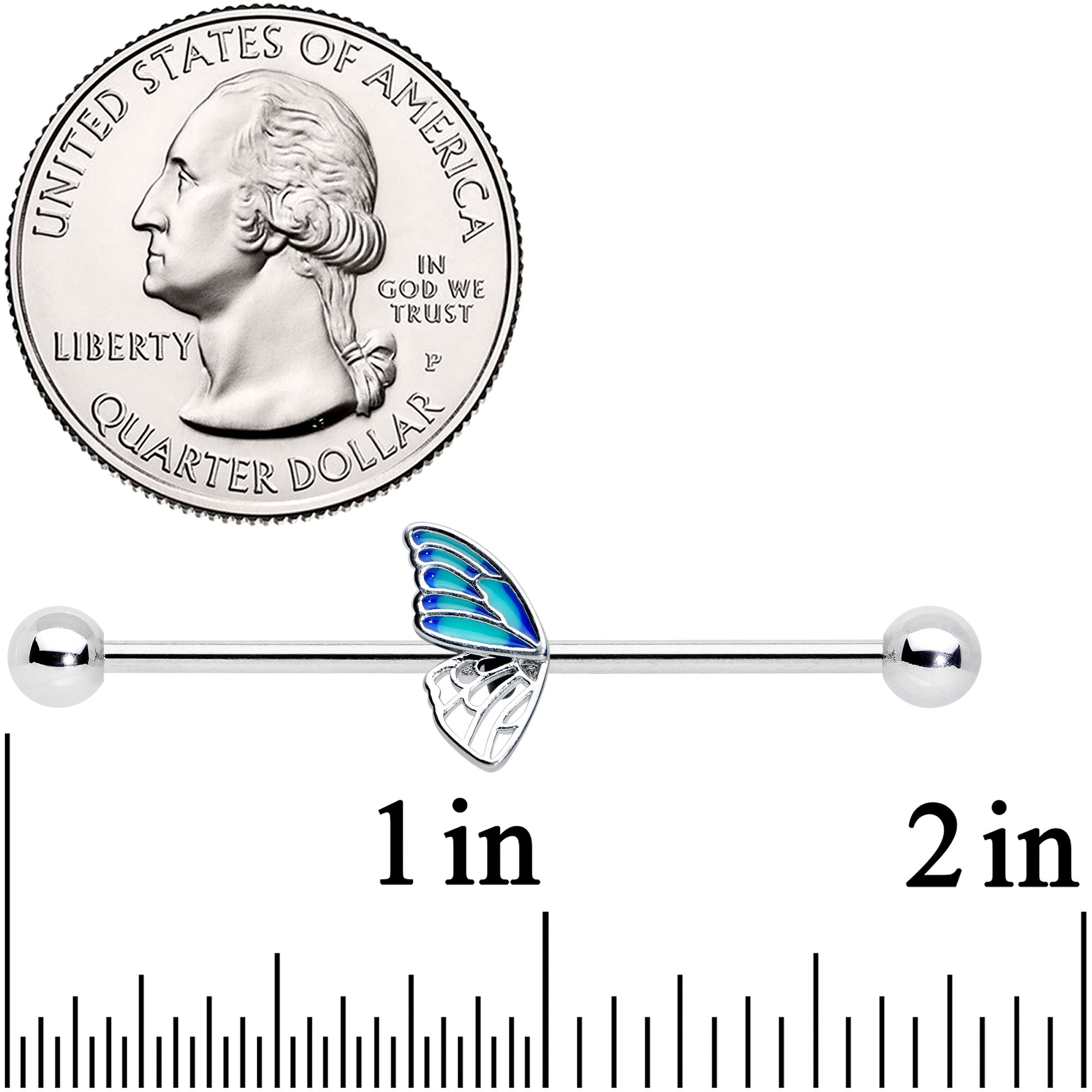 14G Simple Blue Wing Butterfly Industrial Barbell 38mm