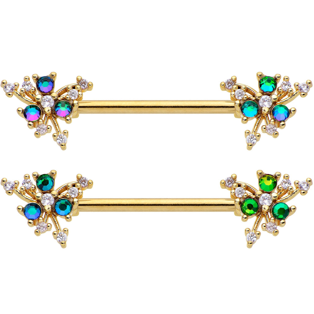 14G 9/16 Purple Tourmaline Gold Tone Spray Nipple Ring Set