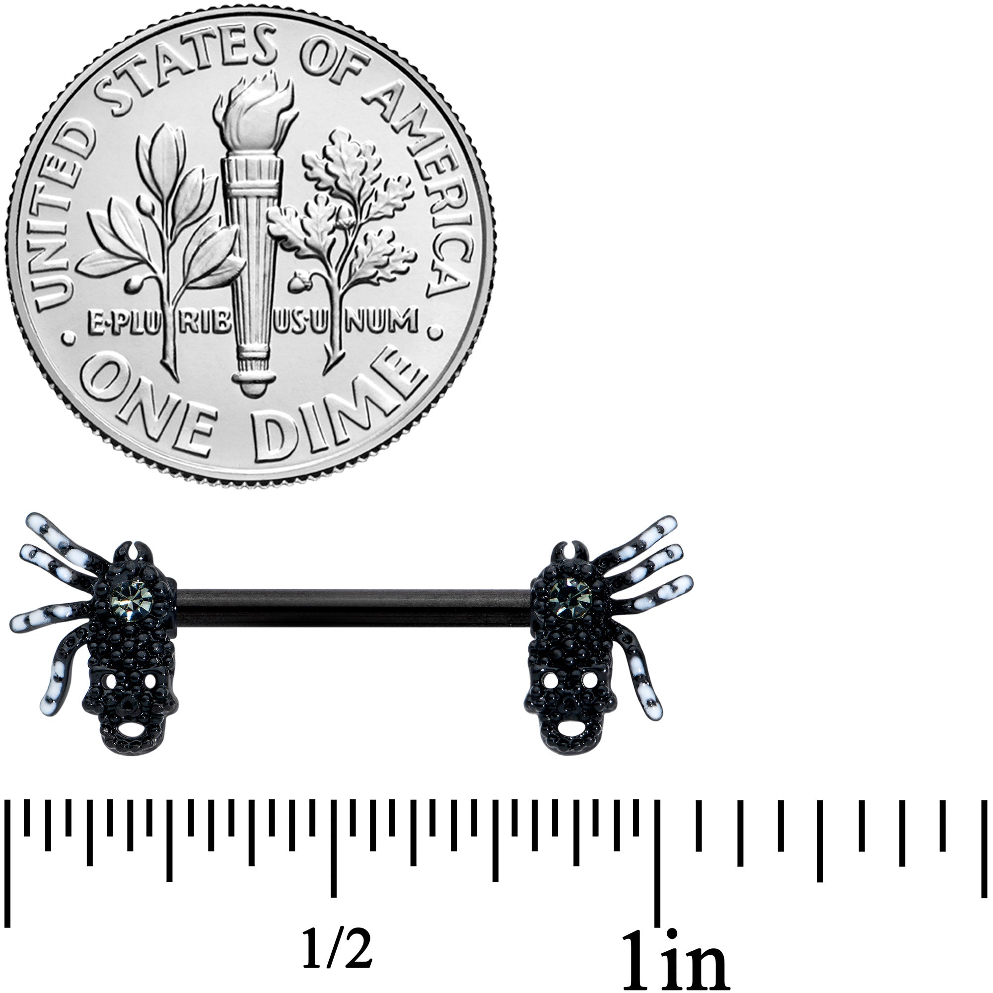 14G 1/2 Clear Gem Black Skull Spider Halloween Nipple Ring Set