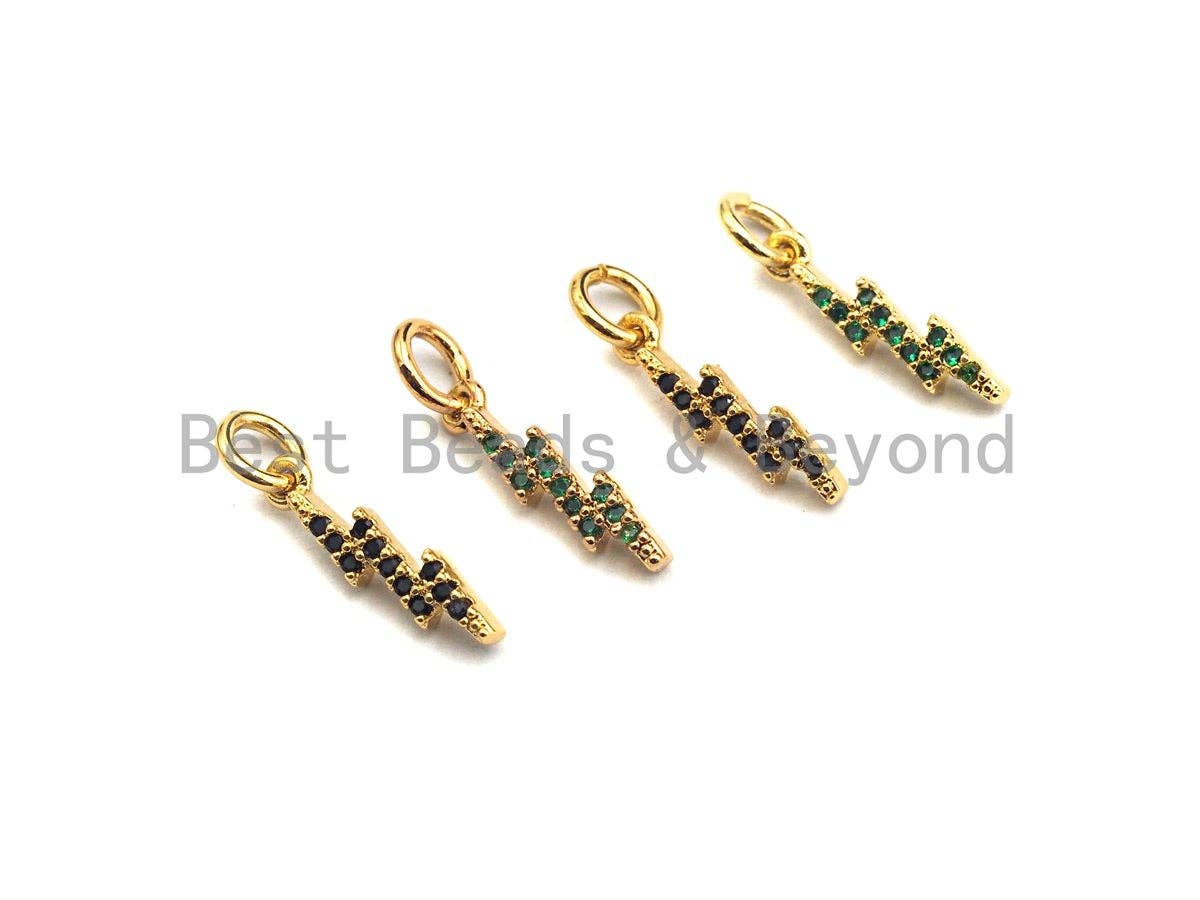 CZ Colorful Pave Thunder Lightning Bolt Charm/Pendant, Green/Black CZ Thunder Shaped Pave Pendant, Gold plated, 4x15mm, Sku#Z418