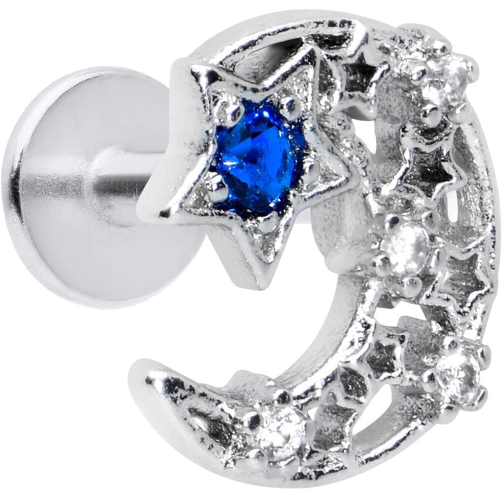 16G 1/4 Clear Blue Gem Star Crescent Moon Labret Monroe Tragus