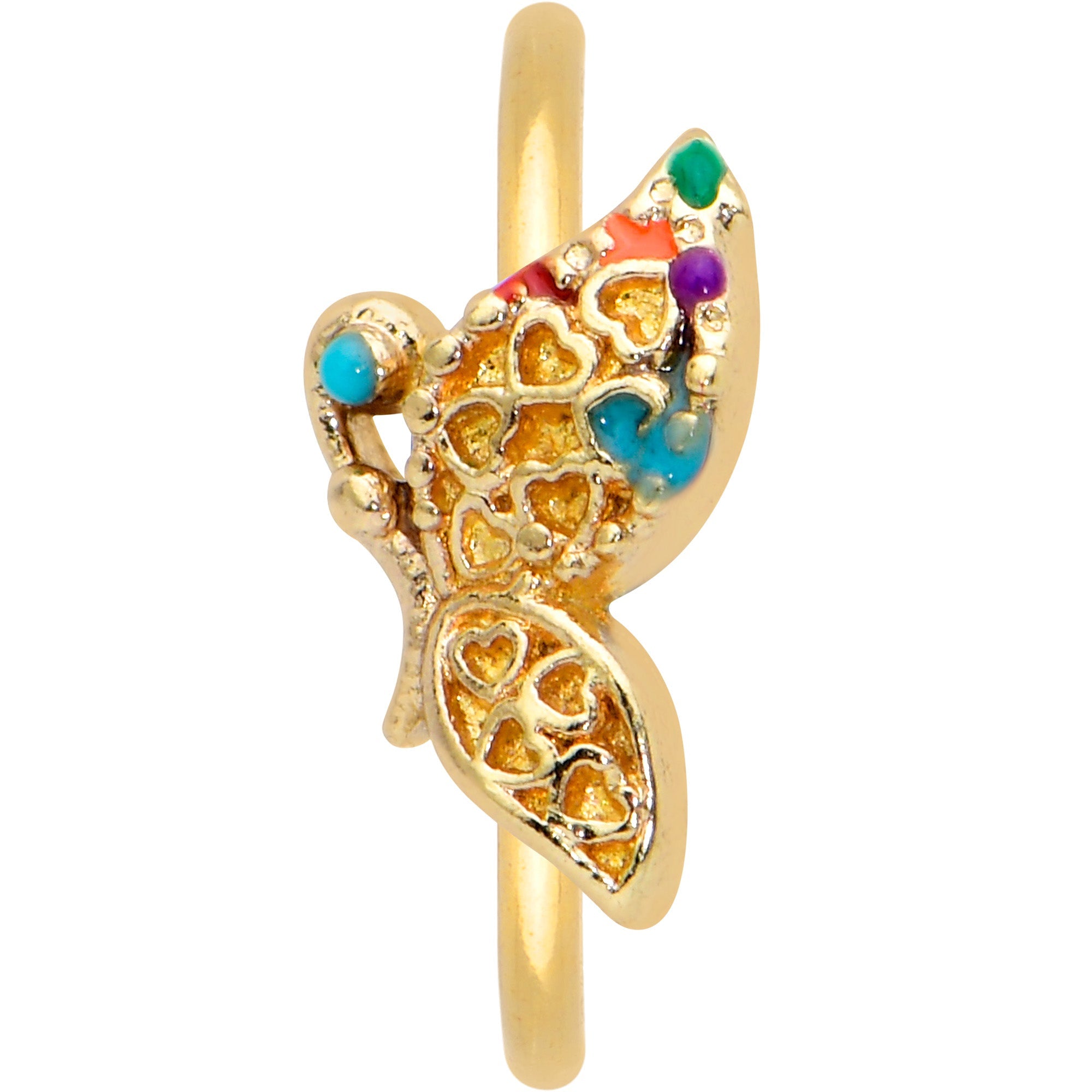 20G 5/16 Gold Tone Colorful Hearts Butterfly Nose Hoop