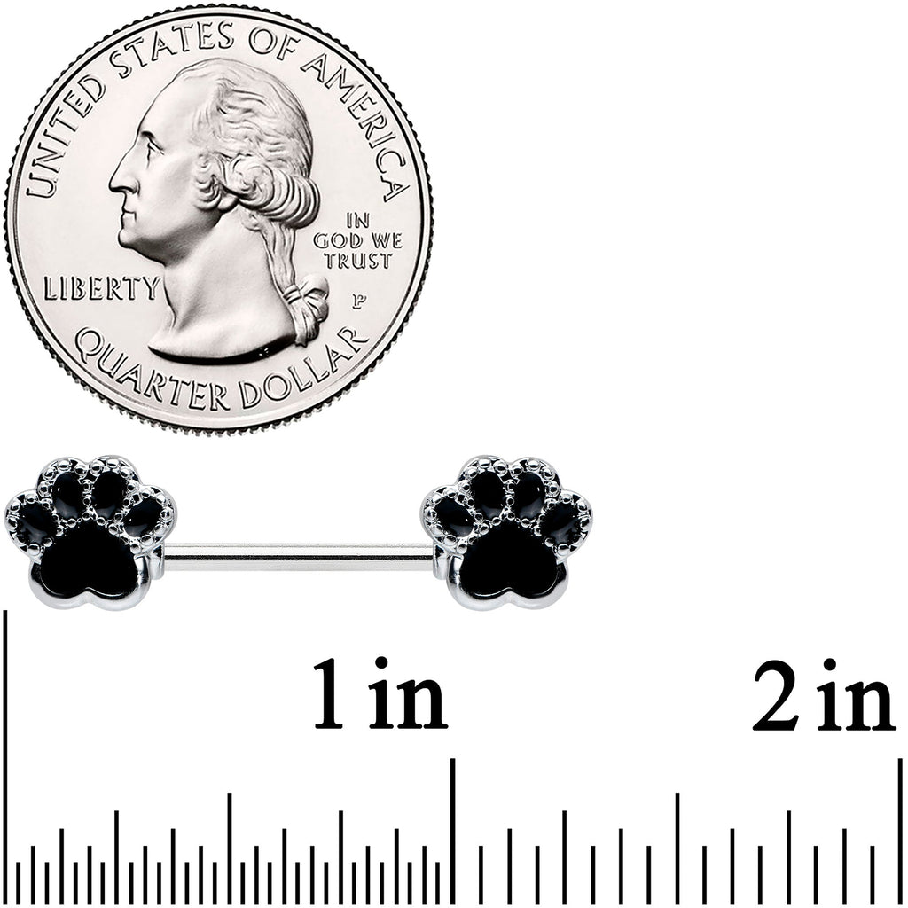 14G 9/16 Textured Black Paw Print Barbell Nipple Ring Set