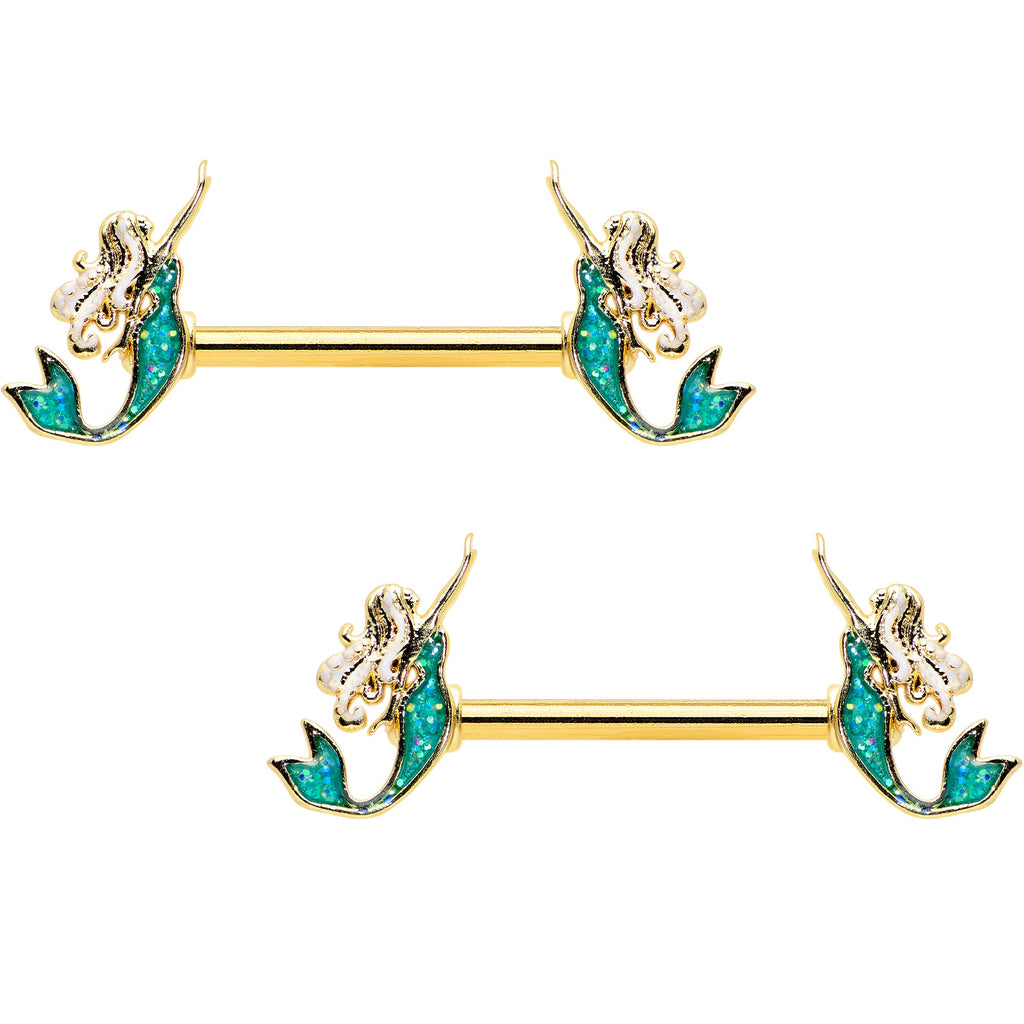 14G 9/16 Green Faux Opal Gold Tone Curvy Mermaid Nipple Ring Set
