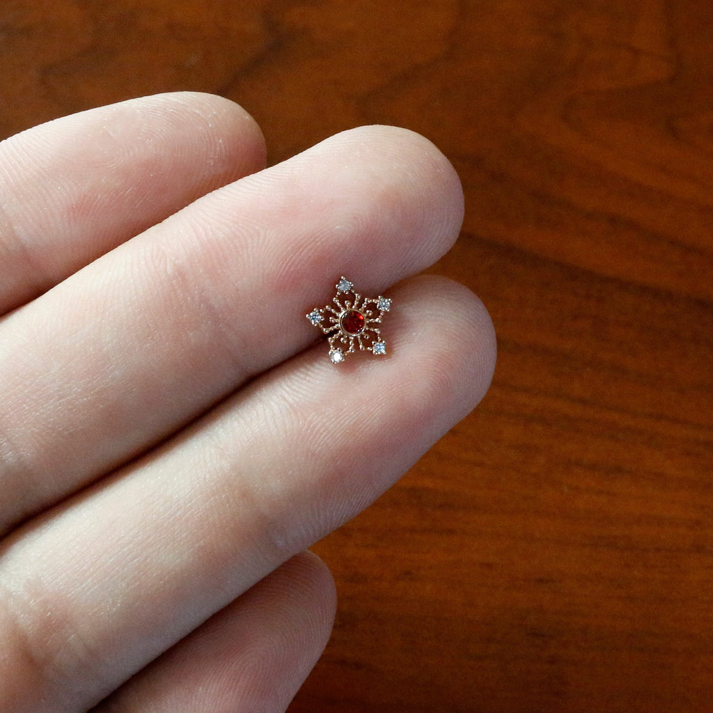 16G 1/4 Red Gem Rose Gold Tone Texture Snowflake Labret Tragus