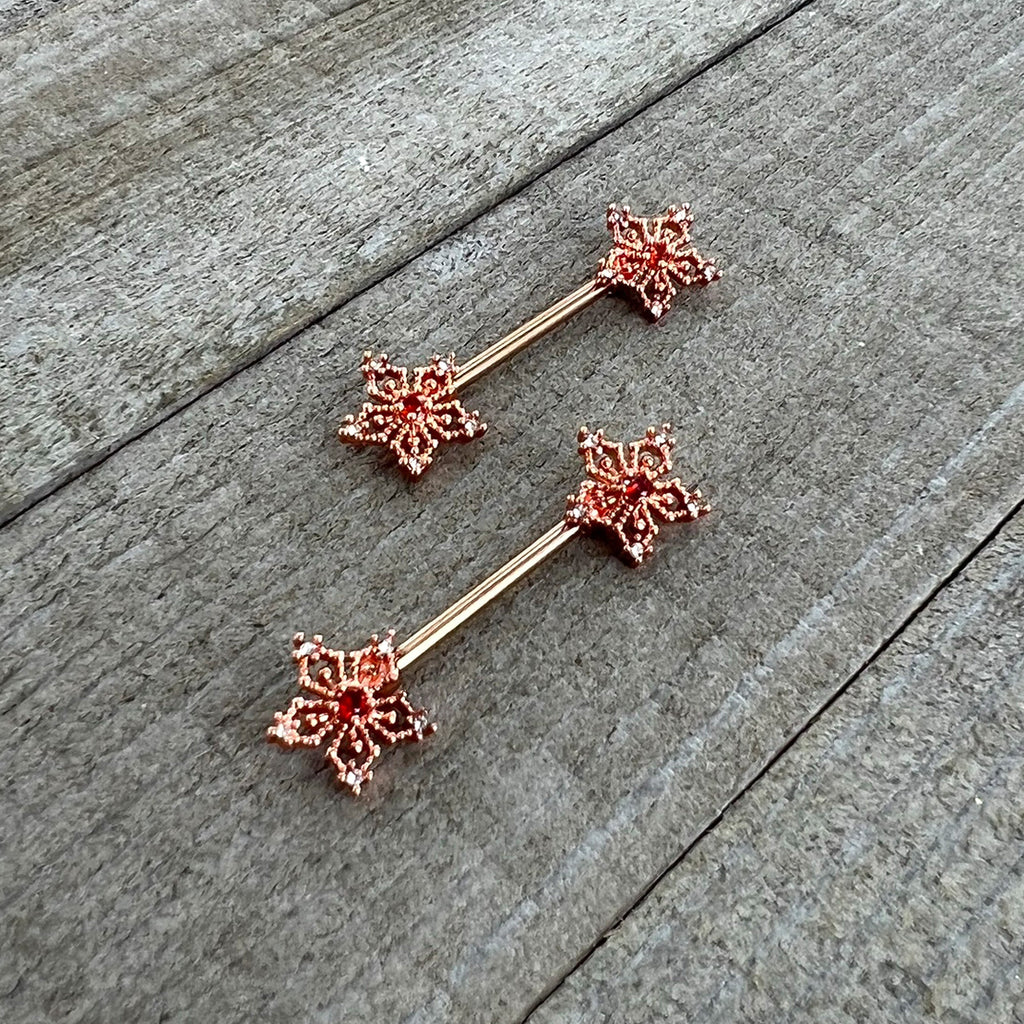 14G 9/16 Red Gem Rosy Hue Texture Snowflake Barbell Nipple Ring Set