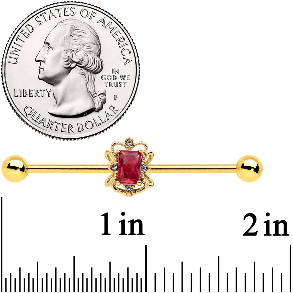 14G Red Gem Gold Tone Regal Escutcheon Industrial Barbell 38mm