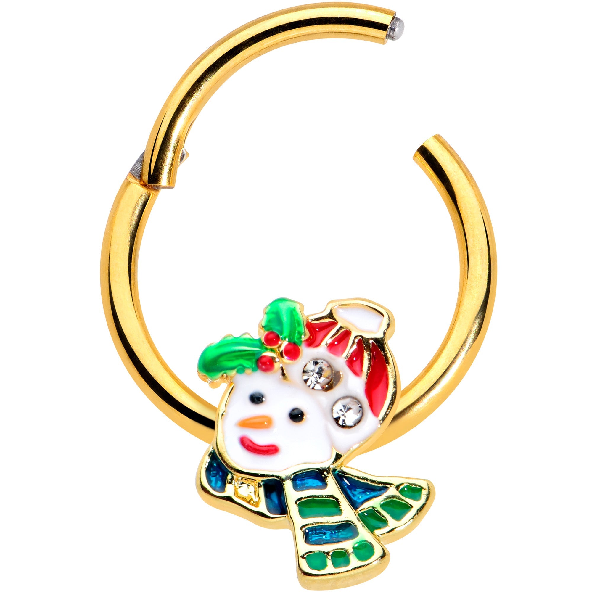 16G 3/8 Clear Gem Gold Tone Happy Snowman Hinged Segment Ring