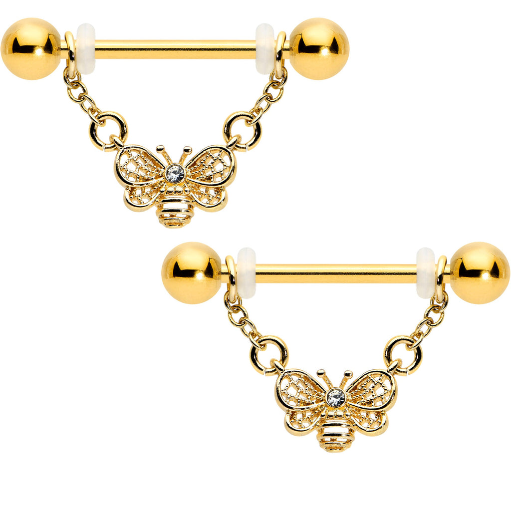14G 5/8 Clear Gem Gold Tone Chain Dangle Barbell Nipple Ring Set