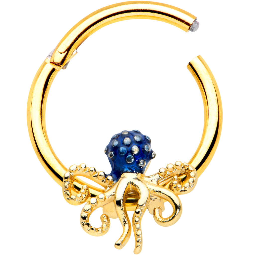 16G 3/8 Gold Tone Textured Blue Octopus Hinged Segment Ring