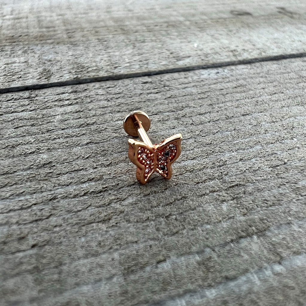 16G 5/16 Clear Gem Rosy Tone Butterfly Internally Threaded Labret