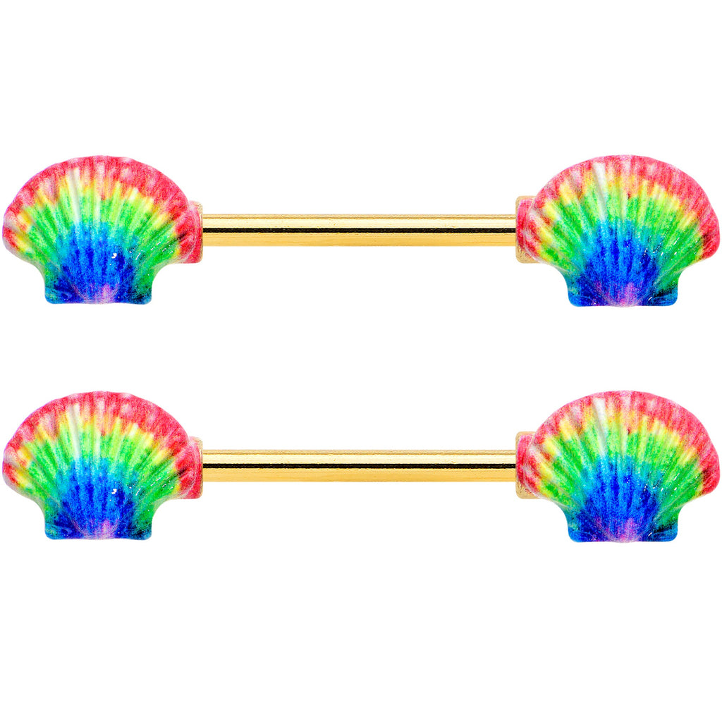 14G 5/8 Gold Tone Rainbow Scallop Shells Barbell Nipple Ring Set