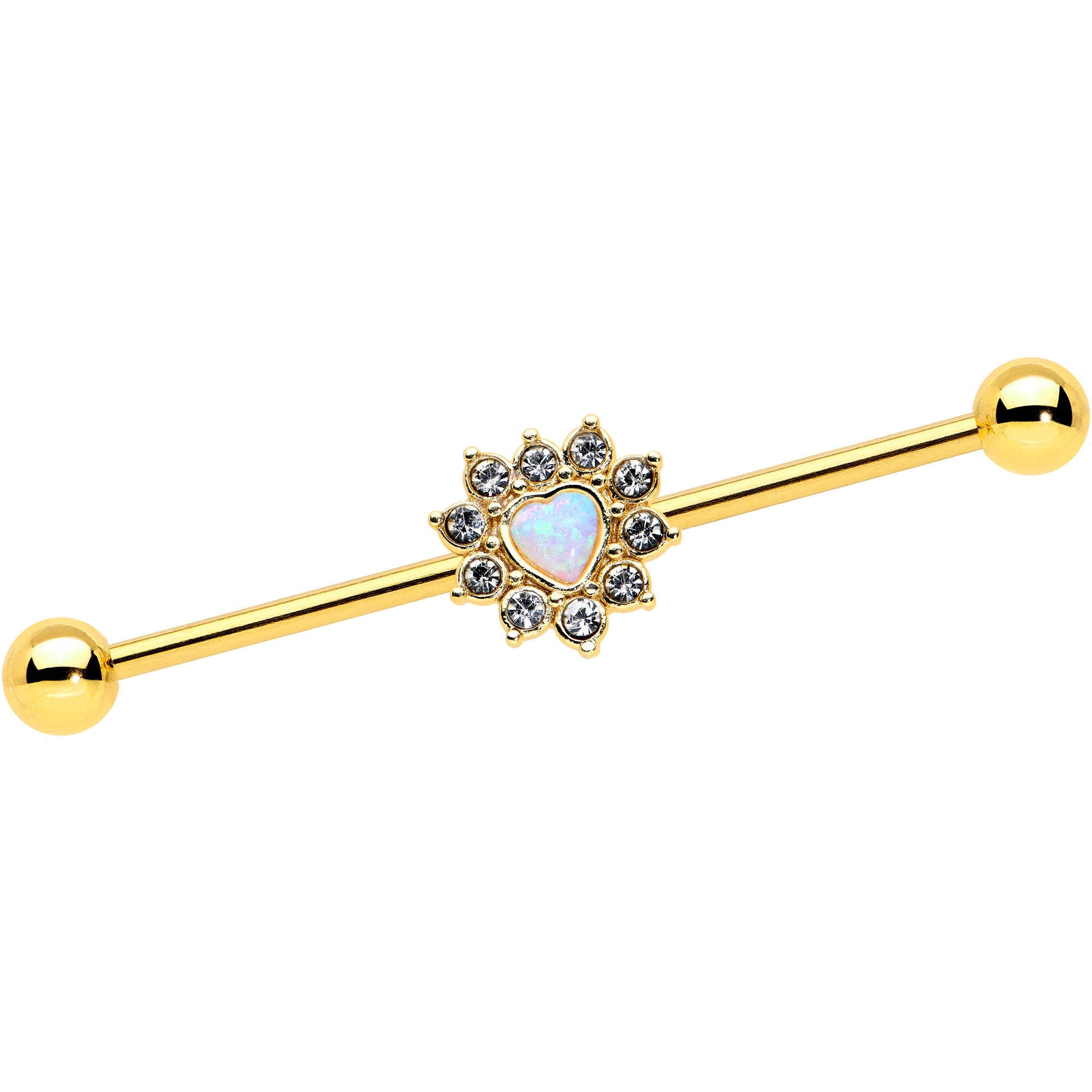 14G White Synth Opal Gold Tone Sun Heart Industrial Barbell 38mm