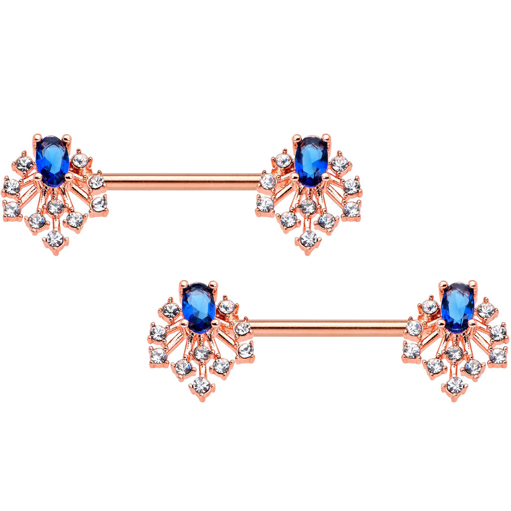 14G 9/16 Blue Gem Rosy Tone Glam Flare Barbell Nipple Ring Set