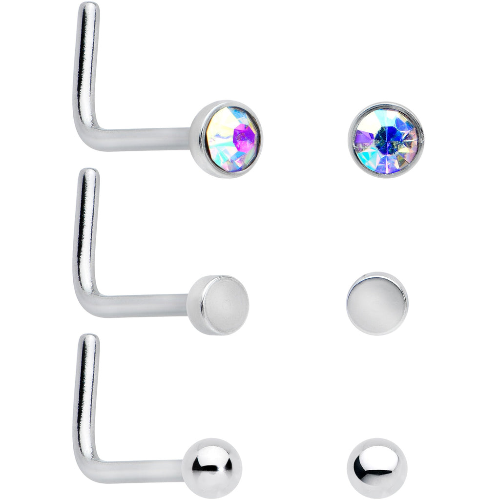 20G 1/4 Aurora Purple CZ Gem Flower Bow L Shape Nose Ring Set of 6