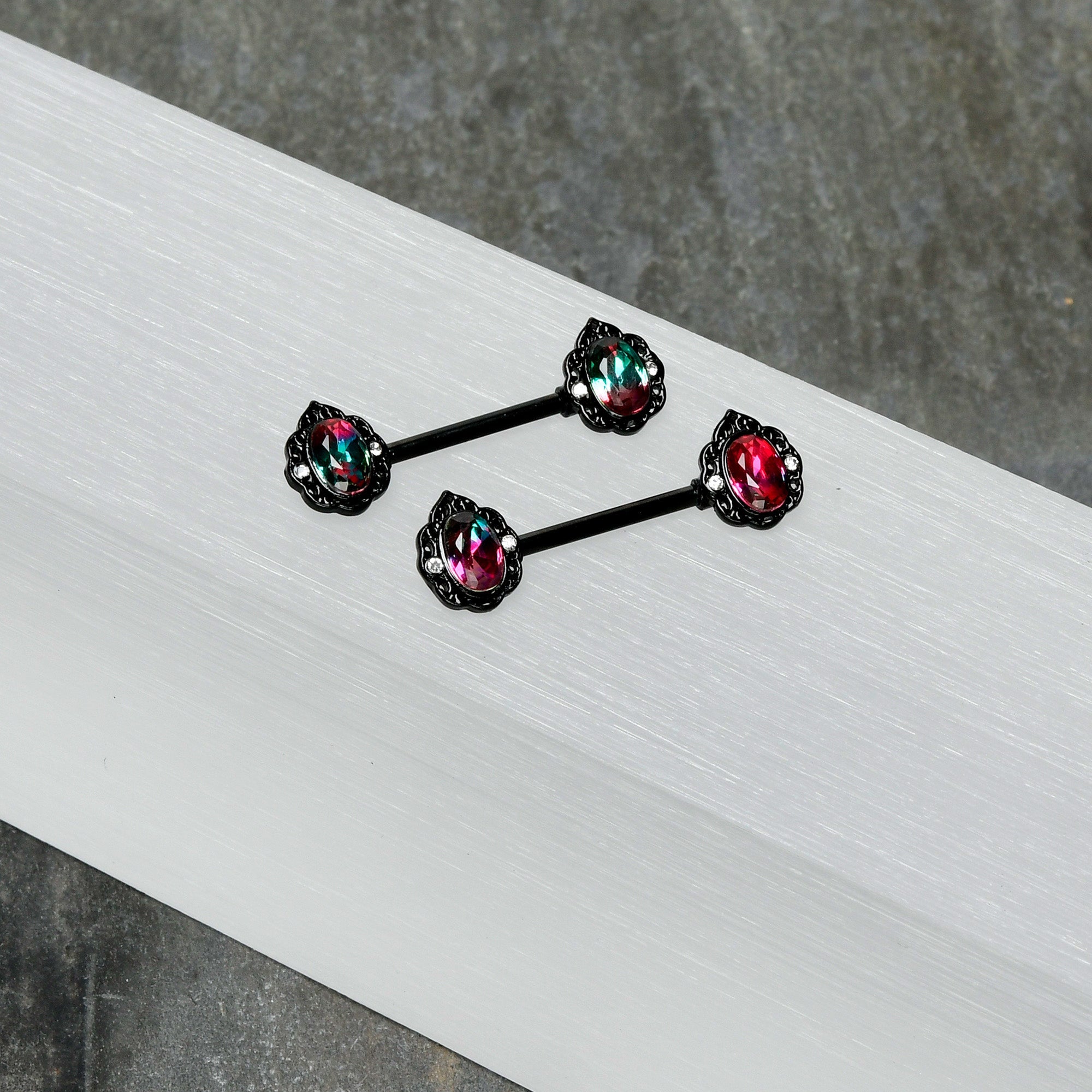 14G 9/16 Purple Tourmaline Black Lacy Drop Barbell Nipple Ring Set