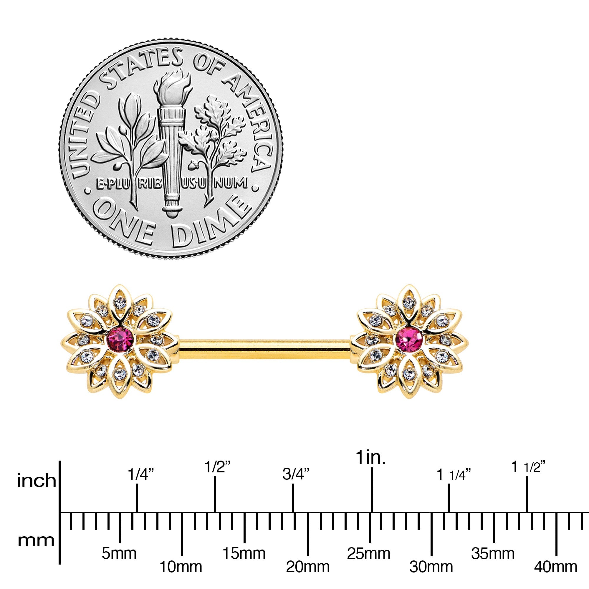 14G 9/16 Clear Pink Gem Gold Tone Starry Flower Nipple Ring Set