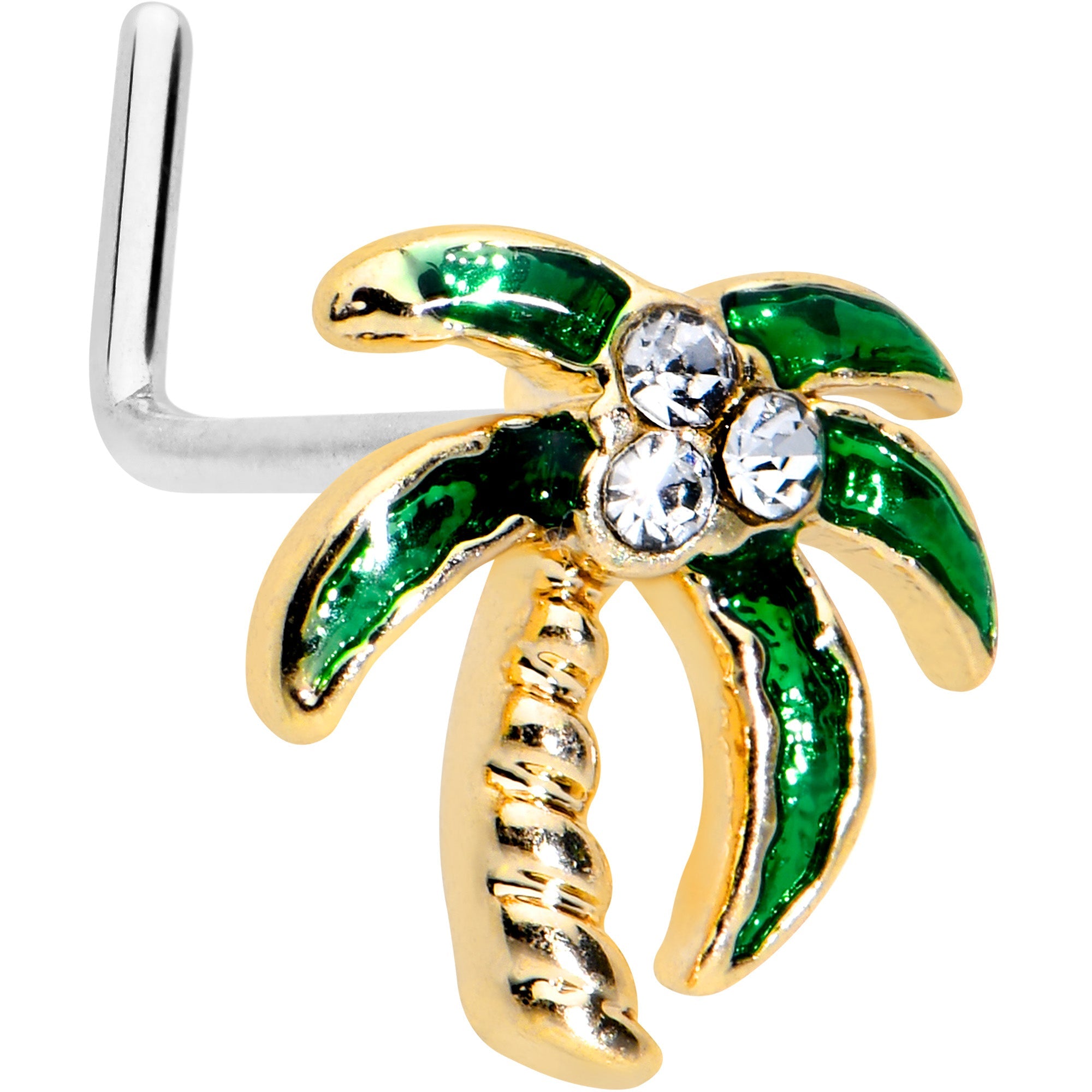 20G 1/4 Clear Gem Golden Palm Tree Style L Shape Nose Ring