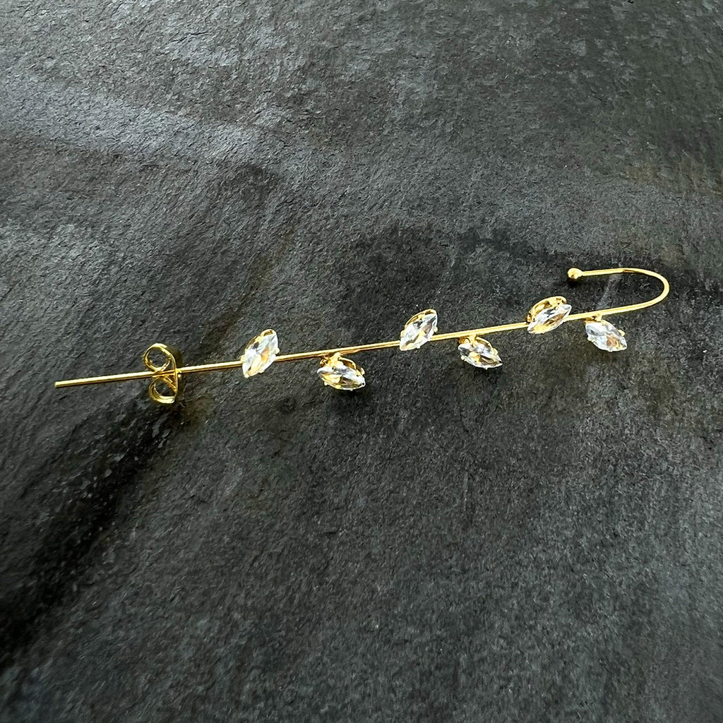 Clear CZ Gem Gold Tone Leafy Vine Ear Cuff Bar Earring