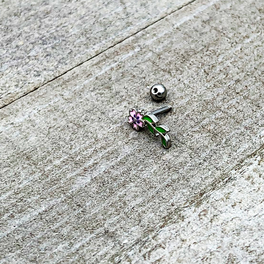 16G 1/4 Pink Purple Long Flower Cartilage Tragus Earring
