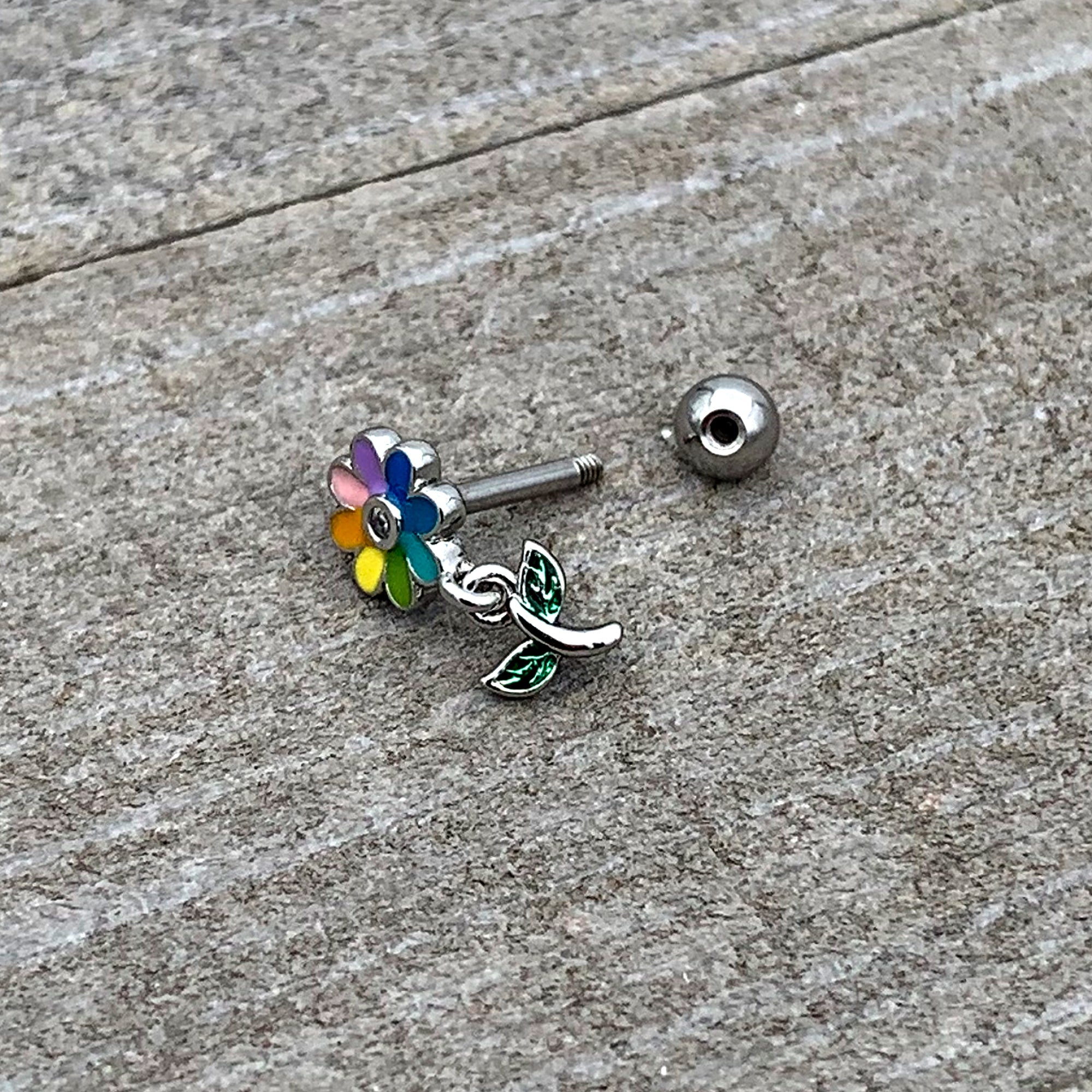 16G 1/4 Clear Gem Pride Rainbow Flower Dangle Cartilage Tragus