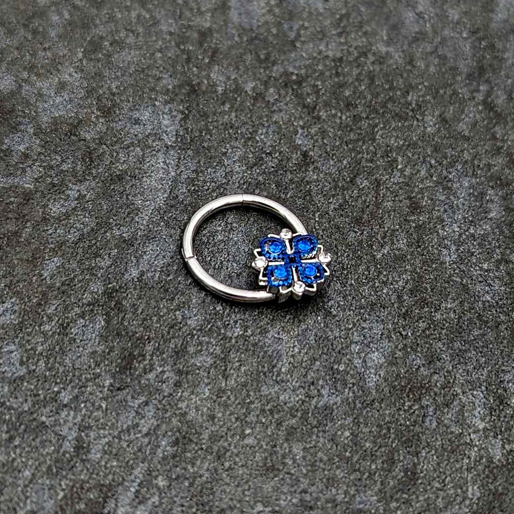 16G 3/8 Blue Clear Gem Embellished Cross Hinged Segment Ring