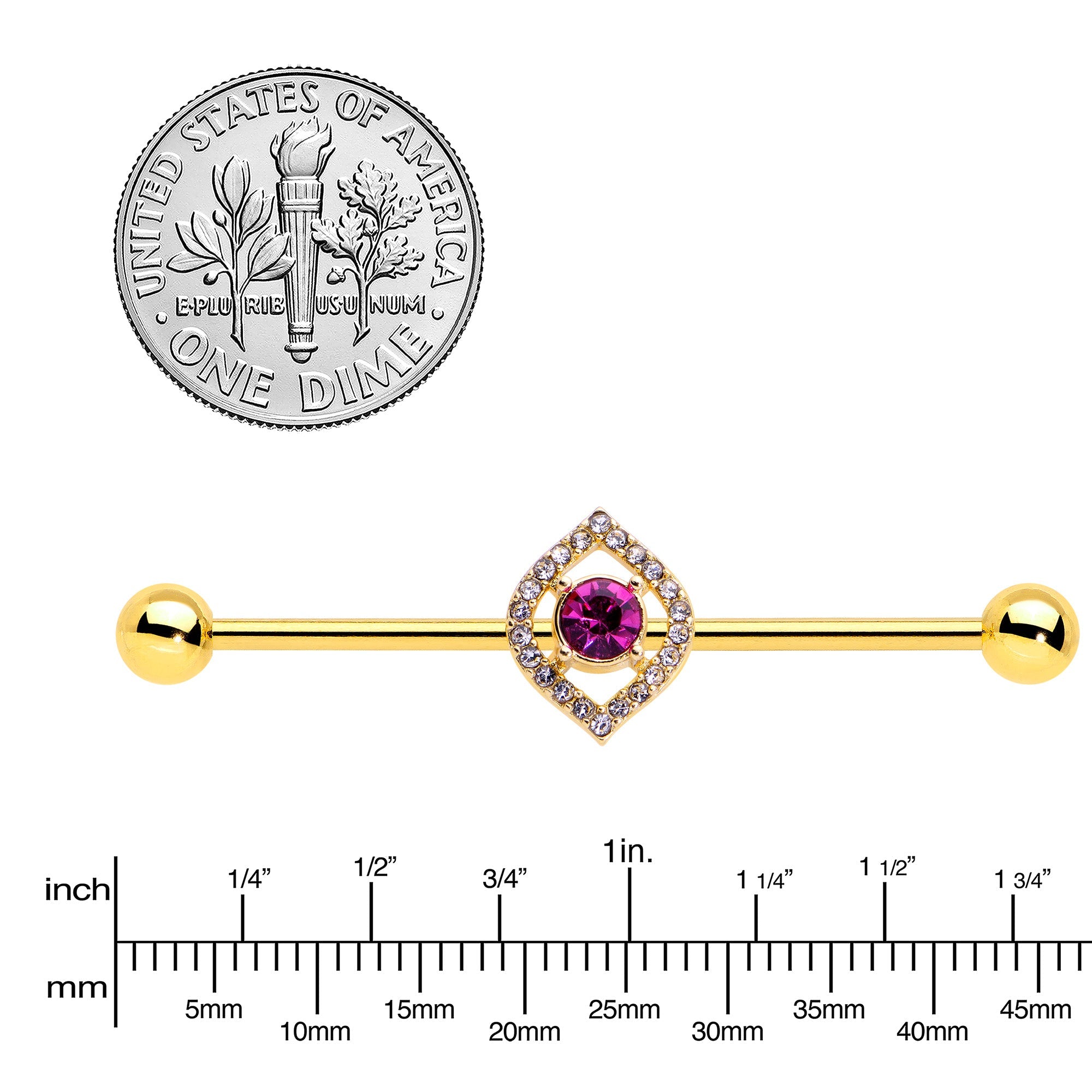 14G Clear Pink Gem Gold Tone Open Eye Industrial Barbell 38mm