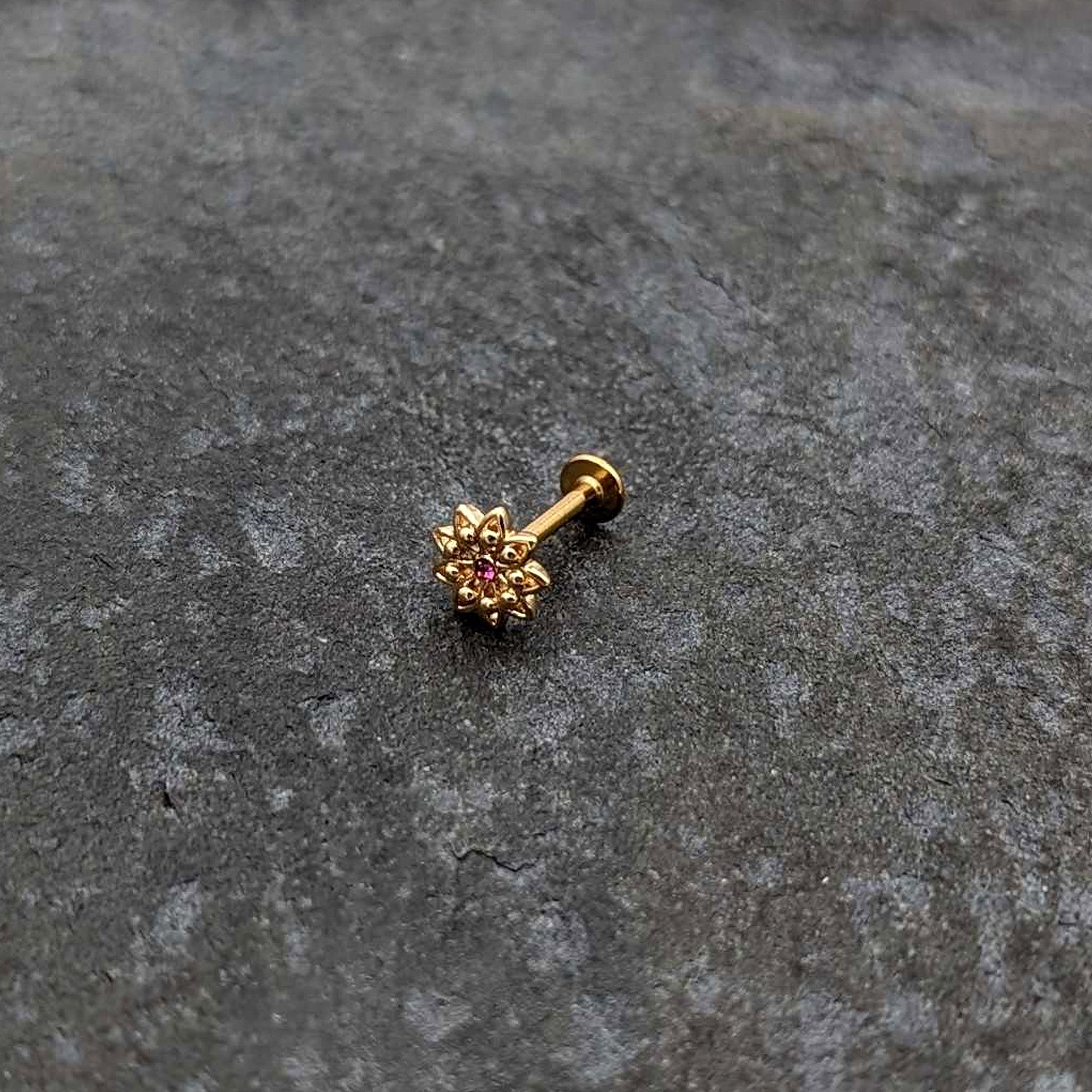 16G 5/16 Pink Gem Gold Tone Starry Flower Labret Monroe Tragus