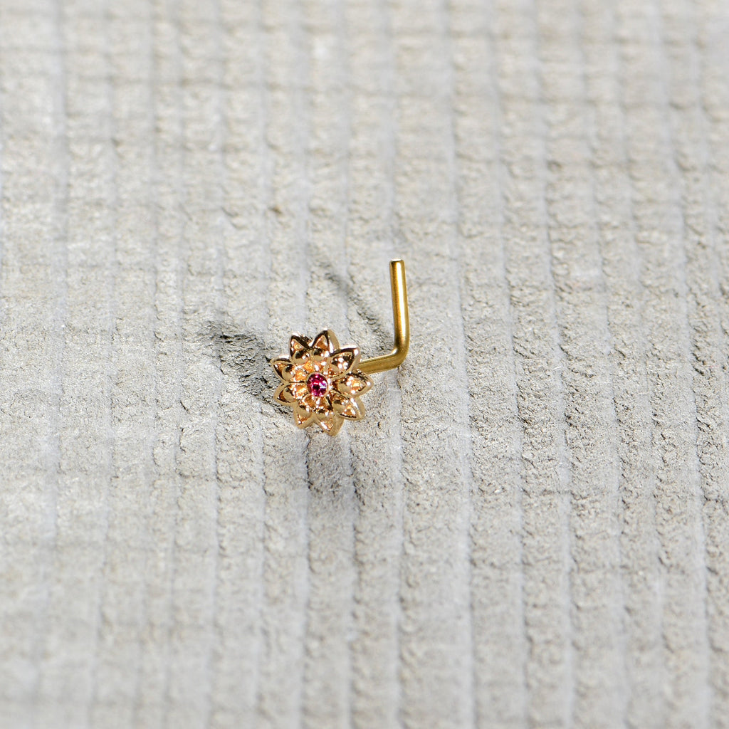 20G 7mm Pink Gem Gold Tone Starry Flower L Shape Nose Ring