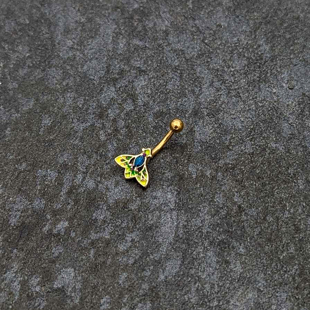 16G 5/16 Blue Gem Gold Tone Tropic Fan Curved Eyebrow Ring