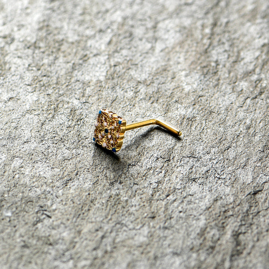 20G 1/4 Gold Tone Lacy Rhombus L Shape Nose Ring