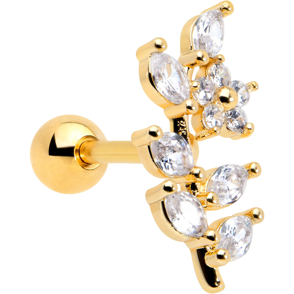 16G 1/4 Clear CZ Gem Gold Hue Flower Vine Cartilage Tragus Earring